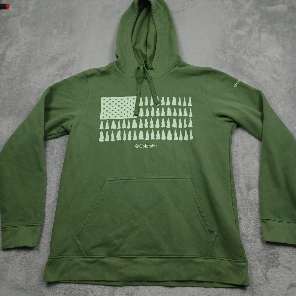 Columbia Sweater Mens Medium Green Fleece USA Casual Flag Hoodie